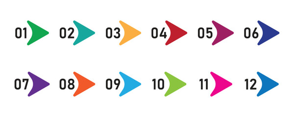 arrow direction colorful number bullet points from one to twelve. creative vector illustration of nu
