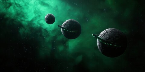 Poster - A mesmerizing cosmic scene featuring three planets surrounded by a vibrant green nebula, evoking a sense of mystery and exploration in the universe.