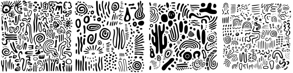 Poster - Abstract black and white patterns showcasing various geometric shapes and lines created on a white background