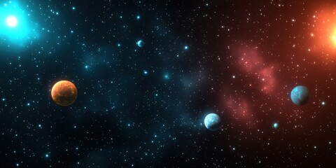 Poster - A vibrant cosmic scene featuring colorful planets and swirling nebulae against a starry backdrop, evoking the vastness of space.
