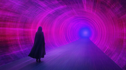 Poster - A futuristic scene of a woman in a neon-lit subway passage, with smooth light streaks trailing