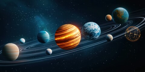 Poster - A vibrant depiction of the solar system, showcasing planets orbiting in a cosmic setting with a mix of colors and textures.