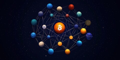 Poster - A visual representation of a networked universe, featuring the Bitcoin symbol at its center, surrounded by colorful celestial bodies.