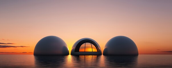 Poster - Three futuristic domes rise from a tranquil water surface, set against a stunning sunset, creating a serene and innovative landscape.