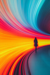 Poster - A close-up of neon streaks surrounding a woman in a modern subway passage, gentle blur behind her