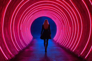 Poster - A vivid depiction of a woman passing through a tunnel with bright neon lines, smooth blur