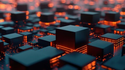 Aufkleber - A vibrant, close-up view of interconnected dark cubes emitting glowing orange light, symbolizing advanced technology and digital networks.