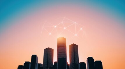 Aufkleber - A city skyline at sunset, featuring tall buildings and a digital network symbol glowing above them, symbolizing connectivity and innovation.