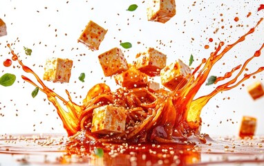 Canvas Print - A vibrant kimchi pasta dish with fiery red gochujang sauce splashing dynamically, floating crispy tofu cubes, and sesame seeds, clean white background