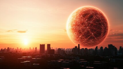 Poster - A striking sunset cityscape with a large, glowing red planet looming in the sky, creating a surreal and dramatic atmosphere.