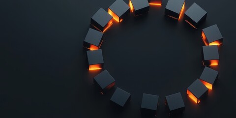 Poster - A circular arrangement of glowing black cubes on a dark surface, creating a visually striking geometric pattern.
