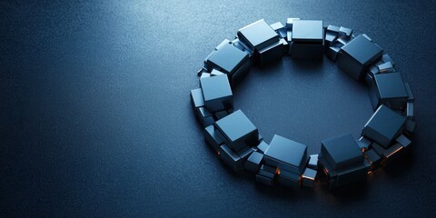 Aufkleber - A circular chain of black blocks rests on a dark surface, illuminated by a soft light, creating a modern and minimalistic aesthetic.