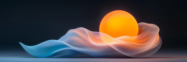 Poster - An abstract scene of a luminous orb suspended in midair, with smooth undulating waves beneath it