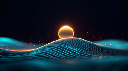 Poster - A calming composition showing a glowing orb hovering above rippling futuristic waves, where subtle