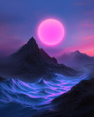 Poster - A wide shot of a radiant orb levitating over a futuristic terrain of flowing waves, illuminated by