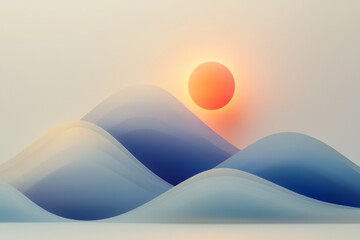 Poster - A minimalist composition of a single glowing orb floating over curved, modern waves, with gentle