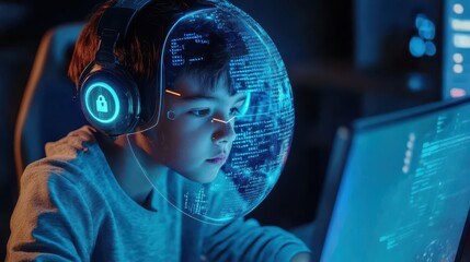 Child learning coding with a cyber shield protecting against online threats, futuristic digital classroom