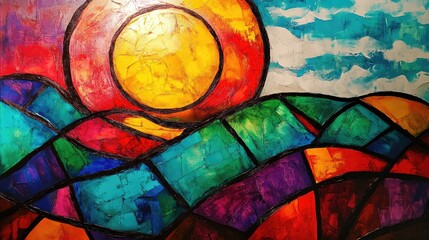 Poster - Abstract Sunset Over Colorful Hills Landscape Painting