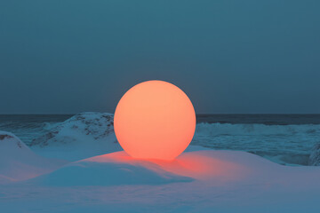 Poster - A vivid shot of an orb shimmering above gracefully rolling waves, illuminated by a smooth,