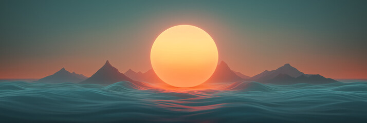 Poster - An atmospheric depiction of a luminescent orb suspended in a fluid, wavelike landscape, gently