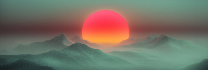 Poster - An atmospheric depiction of a luminescent orb suspended in a fluid, wavelike landscape, gently