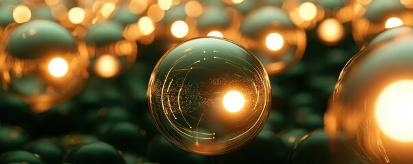 Aufkleber - A close-up view of glowing spheres, creating a mesmerizing effect with reflections and light play on a dark background.