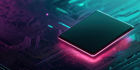 Fototapete - A sleek, futuristic digital chip on a vibrant circuit board, illuminated with neon colors, reflecting advanced technology and innovation.