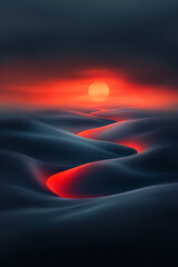 Poster - A tranquil landscape where smooth, undulating waves shimmer under warm sunset light, surrounded by