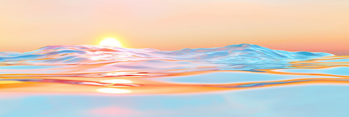 Poster - An ethereal panorama of flowing, silky waves reflecting a golden sunset, enhanced by a soft sun