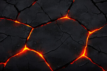 Poster - A close-up shot of cracked, textured ground with fiery molten lines glowing through the crevices,