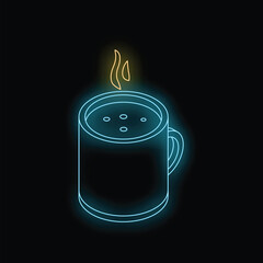 Wall Mural - Bright turquoise neon sign showing a steaming mug of hot chocolate, coffee, or tea on a black background