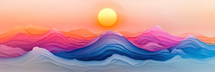 Poster - A panoramic scene of smooth, drifting waves tinged in sunset orange and pink, set against a glowing