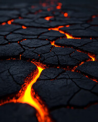 Poster - A dramatic macro perspective of rugged, ashen soil, illuminated by neon-like molten stripes within