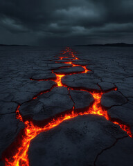 Poster - A dramatic macro perspective of rugged, ashen soil, illuminated by neon-like molten stripes within