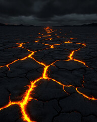 Poster - A dramatic macro perspective of rugged, ashen soil, illuminated by neon-like molten stripes within