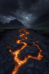 Poster - A tension-filled composition of cracked, volcanic terrain with luminous molten streams carving