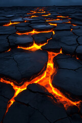Poster - A tension-filled composition of cracked, volcanic terrain with luminous molten streams carving