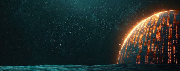 Poster - A digital representation of a planet surrounded by cascading data streams, evoking themes of technology, space, and the digital universe.