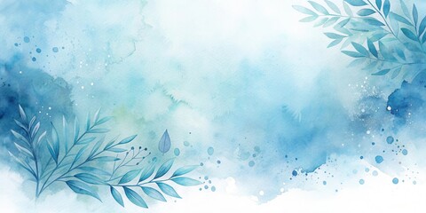 Wall Mural - Serene Watercolor Background with Delicate Blue Foliage and Abstract Splashes Ideal for Elegant Designs and Artistic Projects