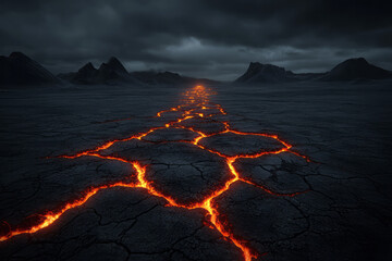 Poster - A moody macro scene of fissured terrain illuminated by fiery molten veins, with shifting heat