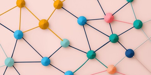 Poster - A colorful network of interconnected nodes and strings on a light background, illustrating concepts of connection and structure.