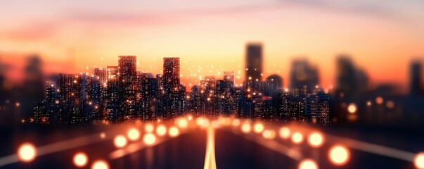 Aufkleber - A vibrant city skyline illuminated at dusk, with blurred lights and a dynamic road leading toward the urban landscape.