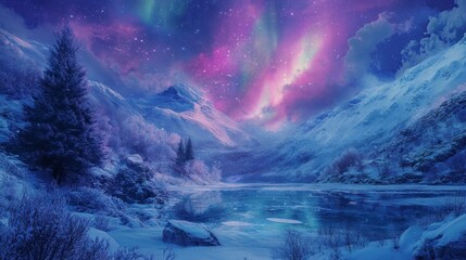 Poster - Winter Wonderland Mountain Lake Aurora Borealis