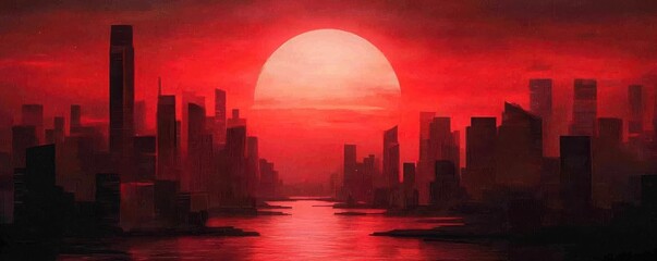 Poster - A dramatic skyline at sunset, with a large red sun casting a vivid glow over dark city silhouettes and water.