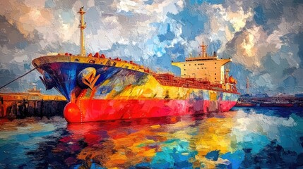 Poster - Colorful Cargo Ship Docked at a Port