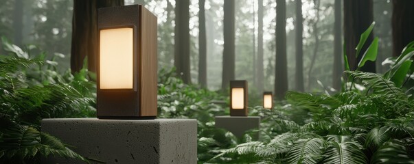 Poster - Softly glowing lanterns illuminate a serene forest path, surrounded by lush ferns and misty trees.