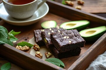 Wall Mural - Lush dark chocolate avocado brownies with walnuts elegantly presented on a rustic wooden board.