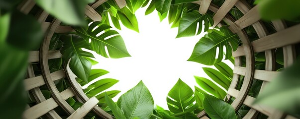 Aufkleber - A serene view of lush green leaves framed around a bright light source, creating a feeling of tranquility and nature.