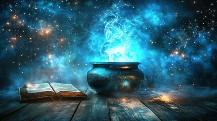 Aufkleber - Mystical Cauldron With Glowing Vapor And Ancient Book
