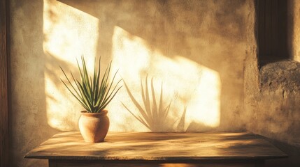 Poster - Sunlit Plant in Earthen Pot on Wooden Table